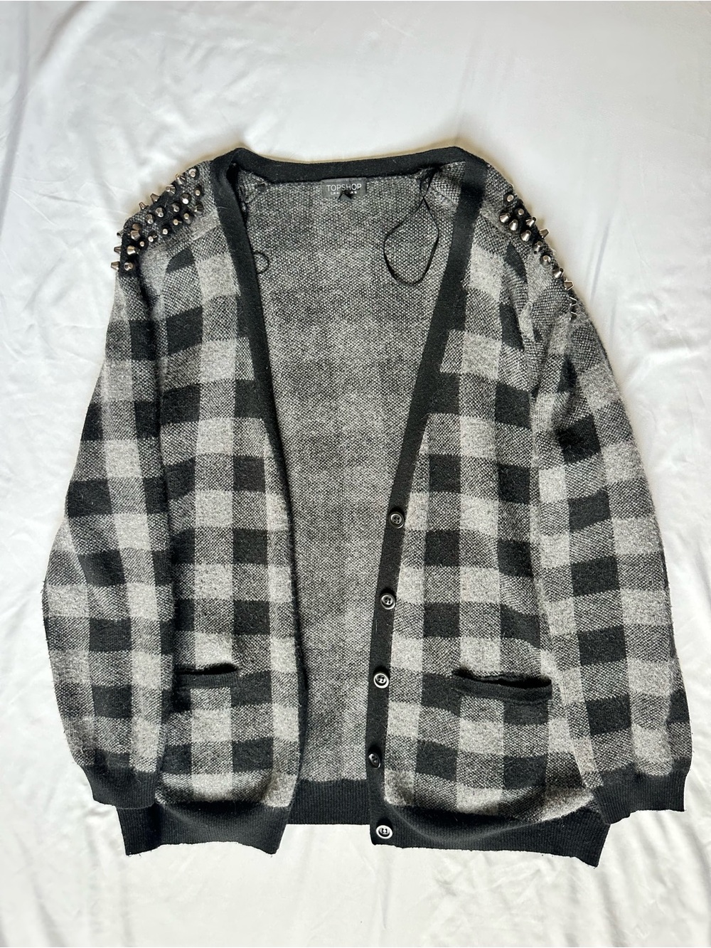 Topshop Women’s Black & Gray Check Cardigan with Studded Shoulders, Grandma Goth